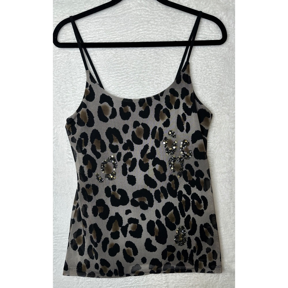 Old Navy Leopard Print Cami Women Size Medium Brown Sequin Mesh Y2K Tank